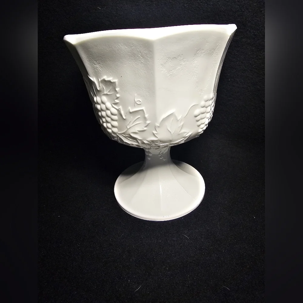 vintage milk glass compote bowl in the Paneled Grape pattern